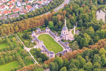 Mosque in the Schwetzingen Palace Gardens in Schwetzingen in the state Baden-Wuerttemberg, Germany from above