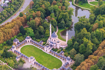 Mosque in the Schwetzingen Palace Gardens in Schwetzingen in the state Baden-Wuerttemberg, Germany seen from above