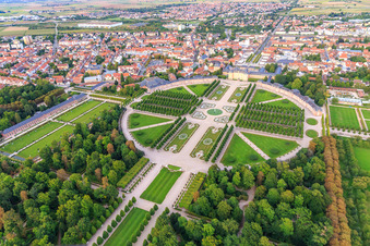 Arion fountain in the center of the Schwetzingen Palace Gardens and deer group - sculptures with fountain in Schwetzingen in the state Baden-Wuerttemberg, Germany out of the air