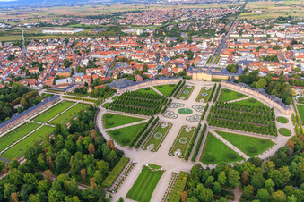 Arion fountain in the center of the Schwetzingen Palace Gardens and deer group - sculptures with fountain in Schwetzingen in the state Baden-Wuerttemberg, Germany seen from above
