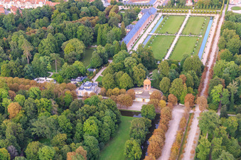 Aerial view of Temple of Apollo in the Schwetzingen Palace Gardens in Schwetzingen in the state Baden-Wuerttemberg, Germany