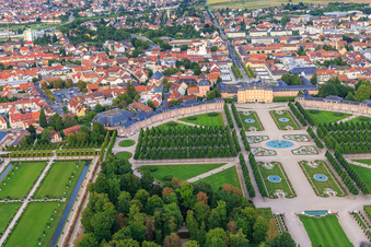 Arion fountain in the center of the Schwetzingen Palace Gardens and deer group - sculptures with fountain in Schwetzingen in the state Baden-Wuerttemberg, Germany from the plane