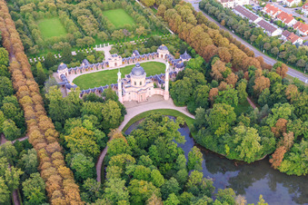 Drone recording of Mosque in the Schwetzingen Palace Gardens in Schwetzingen in the state Baden-Wuerttemberg, Germany