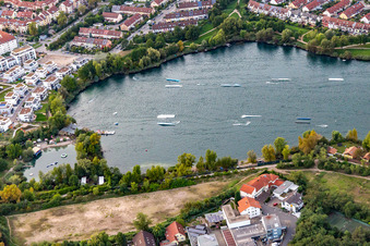 Aerial view of Waterskiing and wakeboarding facility on Lake Rheinau in the district Rheinau in Mannheim in the state Baden-Wuerttemberg, Germany