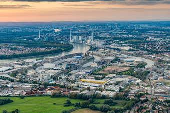 Aerial view of Quays and boat moorings at the port of the inland port Rheinauhafen on Rhine in the district Rheinau in Mannheim in the state Baden-Wurttemberg, Germany
