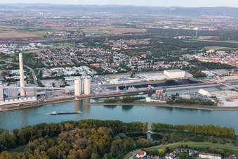 Aerial photograpy of Large power plant Mannheim on the Rhine near Neckarau in the district Rheinau in Mannheim in the state Baden-Wuerttemberg, Germany