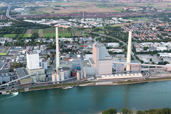 Oblique view of Large power plant Mannheim on the Rhine near Neckarau in the district Rheinau in Mannheim in the state Baden-Wuerttemberg, Germany