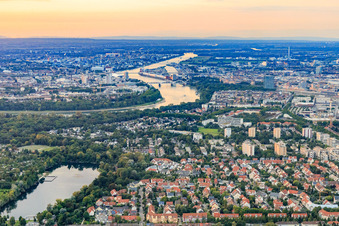 View to the Rhine bridges and harbor-Mannheim in the district Niederfeld in Mannheim in the state Baden-Wuerttemberg, Germany