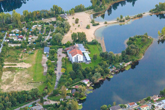 Local recreation area Blaue Adria with campsite, beach and Hotel Darstein at the Adriaweher in Altrip in the state Rhineland-Palatinate, Germany