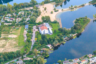 Aerial view of Local recreation area Blaue Adria with campsite, beach and Hotel Darstein at the Adriaweher in Altrip in the state Rhineland-Palatinate, Germany