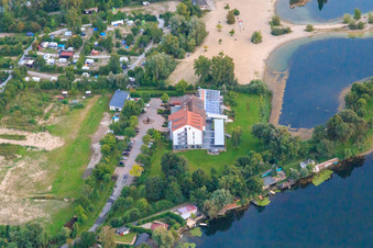 Oblique view of Local recreation area Blaue Adria with campsite, beach and Hotel Darstein at the Adriaweher in Altrip in the state Rhineland-Palatinate, Germany