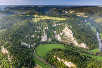 Aerial view of Curved loop of the riparian zones on the course of the river Danube in Buchheim in the state Baden-Wurttemberg, Germany
