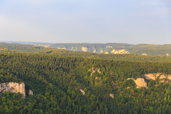 Limestone cliffs on the slopes of the Danube Valley in Fridingen an der Donau in the state Baden-Wuerttemberg, Germany