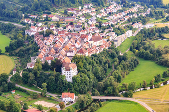 Aerial view of Mühlheim Castle (Rear Castle) and Church of St. Mary Magdalene in Mühlheim an der Donau in the state Baden-Wuerttemberg, Germany