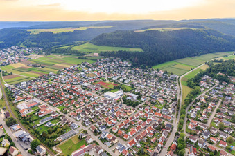 Overview of the town from the east with indoor swimming pool Mühlheim and secondary school Mühlheim ad Donau in Mühlheim an der Donau in the state Baden-Wuerttemberg, Germany