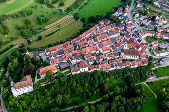 Aerial view of Church building in Old Town- center of downtown in Muehlheim an der Donau in the state Baden-Wurttemberg, Germany
