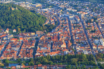 Old town beyond the Main river below the Honberg ruins with the Evangelical City Church in Tuttlingen in the state Baden-Wuerttemberg, Germany