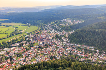 Aerial view of View of the streets and houses in the residential areas in the district Möhringen in Tuttlingen in the state Baden-Wuerttemberg, Germany
