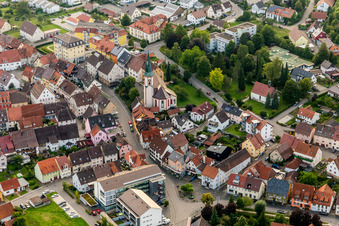 Aerial view of Church building in the village of Möhringen in the state Baden-Wurttemberg, Germany
