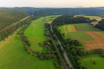 Aerial view of Danube Cycle Path in the district Möhringen in Tuttlingen in the state Baden-Wuerttemberg, Germany