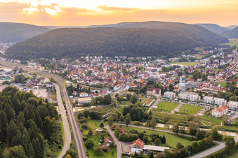 View of the town from the southeast with Lower Castle at the Danube Park in Immendingen in the state Baden-Wuerttemberg, Germany