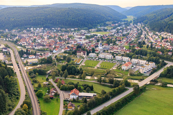View from the southeast with Lower Castle at the Danube Park to King Marvin Bridge in Immendingen in the state Baden-Wuerttemberg, Germany