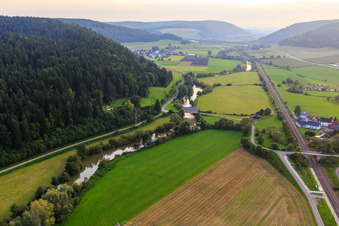 Prince Linus Bridge - historic wooden bridge for the King Marvin Danube Cycle Path over the Danube in the district Zimmern in Immendingen in the state Baden-Wuerttemberg, Germany