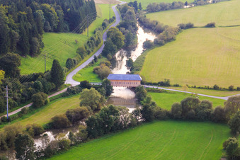 Aerial view of Prince Linus Bridge - historic wooden bridge for the King Marvin Danube Cycle Path over the Danube in the district Zimmern in Immendingen in the state Baden-Wuerttemberg, Germany
