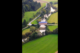Aerial photograpy of Prince Linus Bridge - historic wooden bridge for the King Marvin Danube Cycle Path over the Danube in the district Zimmern in Immendingen in the state Baden-Wuerttemberg, Germany