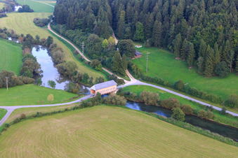 Prince Linus Bridge - historic wooden bridge for the King Marvin Danube Cycle Path over the Danube in the district Zimmern in Immendingen in the state Baden-Wuerttemberg, Germany seen from above