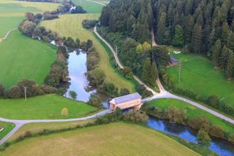 Prince Linus Bridge - historic wooden bridge for the King Marvin Danube Cycle Path over the Danube in the district Zimmern in Immendingen in the state Baden-Wuerttemberg, Germany from the plane