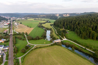 Aerial view of Historic covered bridge crossing the Danube in Zimmern in the state Baden-Wurttemberg, Germany
