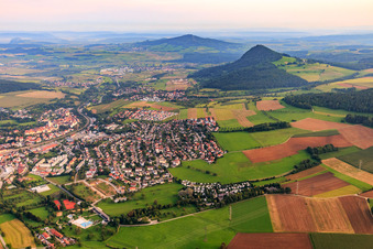 View of the village from the northeast with Camping Sonnental, Hui adventure pool and view of the Hegau volcanoes in Engen in the state Baden-Wuerttemberg, Germany