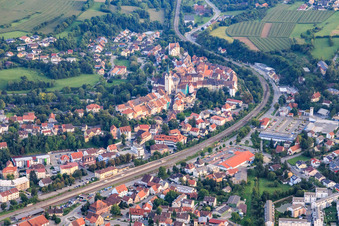 Aerial view of Old town with the Assumption of Mary beyond the railway line in Engen in the state Baden-Wuerttemberg, Germany