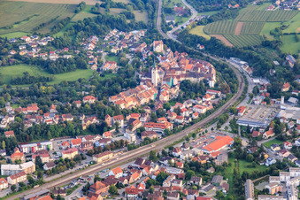 Aerial photograpy of Old town with the Assumption of Mary beyond the railway line in Engen in the state Baden-Wuerttemberg, Germany