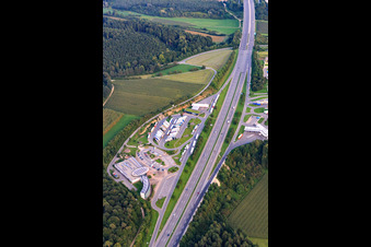 Aerial view of Solar roof motorway rest area in Hegau - OST on the A81 in Engen in the state Baden-Wuerttemberg, Germany