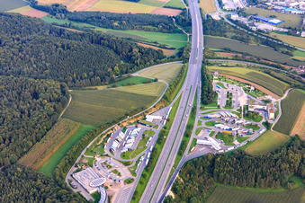 Aerial photograpy of Solar roof motorway rest area in Hegau - OST on the A81 in Engen in the state Baden-Wuerttemberg, Germany