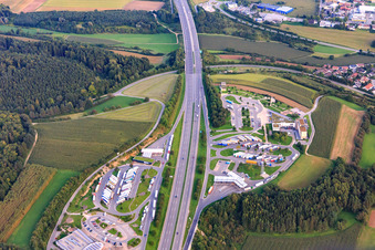 Solar roof motorway rest area in Hegau - OST on the A81 in Engen in the state Baden-Wuerttemberg, Germany from above