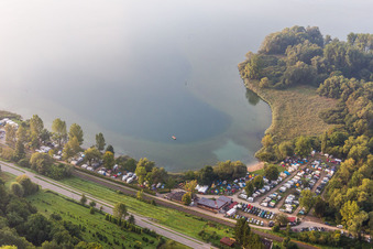Aerial photograpy of Schachenhorn campsite in the district Ludwigshafen in Bodman-Ludwigshafen in the state Baden-Wuerttemberg, Germany