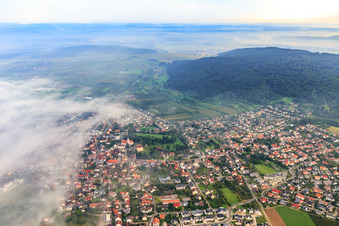 Aerial view of City view from the south half covered by clouds in Steißlingen in the state Baden-Wuerttemberg, Germany