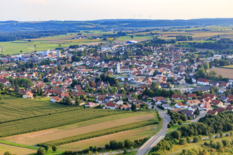 View of the town from the north with the Roman Catholic Church in Ostrach in the state Baden-Wuerttemberg, Germany