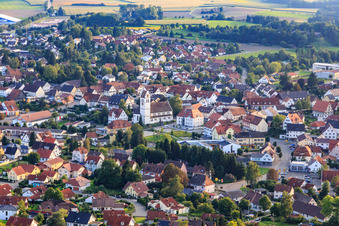 Aerial view of View of the town from the north with the Roman Catholic Church in Ostrach in the state Baden-Wuerttemberg, Germany