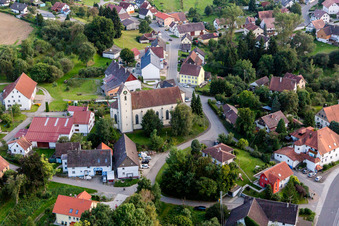 Aerial view of Church building in the village of in the district Mindersdorf in Hohenfels in the state Baden-Wurttemberg, Germany