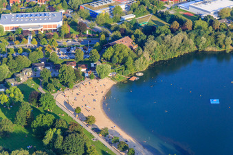 Aerial view of Beach of the bathing lake Bensheim in the evening in Bensheim in the state Hesse, Germany