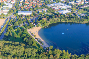 Aerial photograpy of Beach of the bathing lake Bensheim in the evening in Bensheim in the state Hesse, Germany