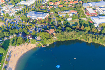 Beach of the bathing lake Bensheim in the evening in Bensheim in the state Hesse, Germany from above
