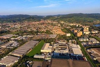 City view from the west in the foreground Langnesestraße with Unilever Deutschland GmbH plant Heppenheim in Heppenheim in the state Hesse, Germany