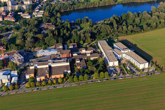 Aerial view of Bergstraße District Hospital GmbH in front of the Bruchsee in Heppenheim in the state Hesse, Germany