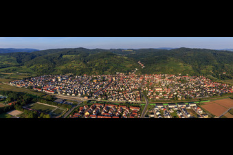 City panorama on the edge of the Odenwald from the west in Laudenbach in the state Baden-Wuerttemberg, Germany