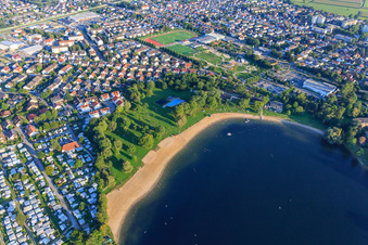 Aerial view of Beach of the Wiesensee outdoor pool in Hemsbach in the state Baden-Wuerttemberg, Germany